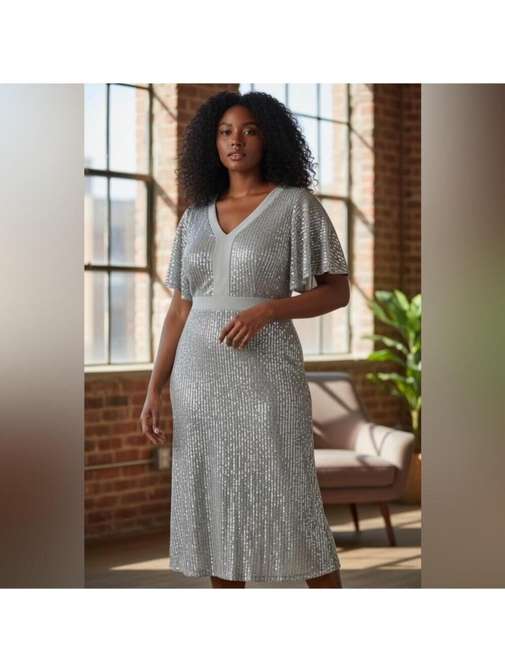 Grace Karin Silver Sequin Midi Maxi Dress Size Large
